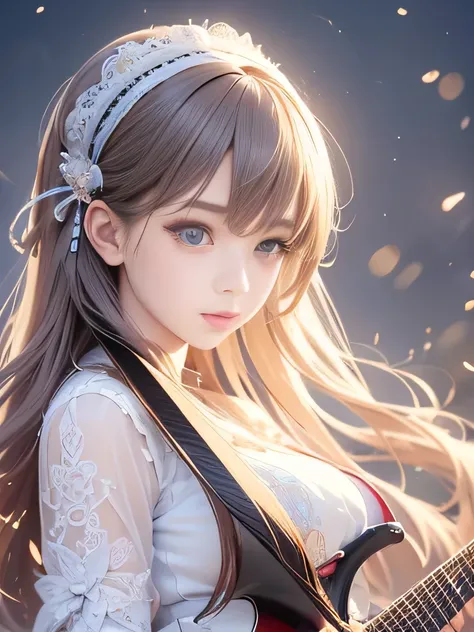 1girl, beautiful japanese lolita girl, long wavy light brown hair, holding electric guitar, intricate detailed dress, cute expressive face, dynamic pose, warm soft lighting, colorful vibrant palette, highly detailed background, cinematic composition, (best...