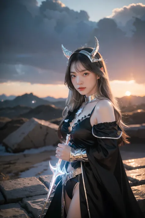 (masterpiece, best quality, extremely detailed), volumetric lighting, ambient occlusion, colorful, glowing), 1girl, solo, young girl, (dark hair), long hair, horns, aura, devilish, goddess, cleric suit, (black outfit with silver detailst:1.3), devil wings,...