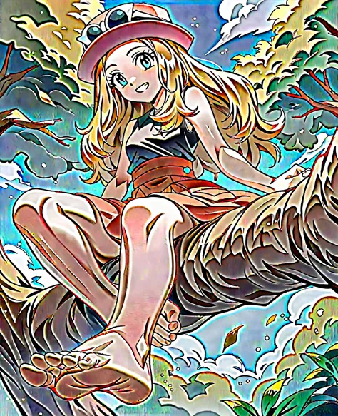  masterpiece,  The best quality ,  High Resolution , vegetation and trees in the background, a girl, alone, Blue eyes, long hair, blonde hair, funny look,  Sitting high in a tree on a branch, smiling, Serena (pokemon), pink hat, black shirt, bare shoulders...