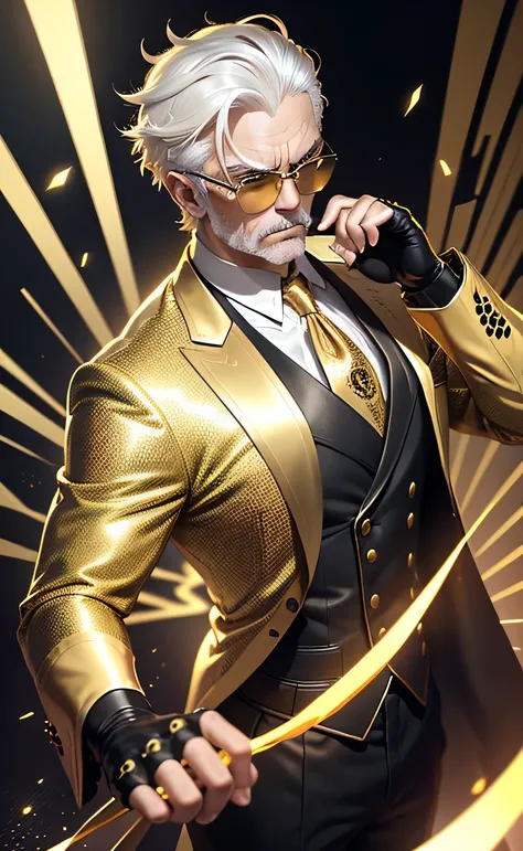 Middle age man in a gold and black suit, golden gloves, white hair, anime style