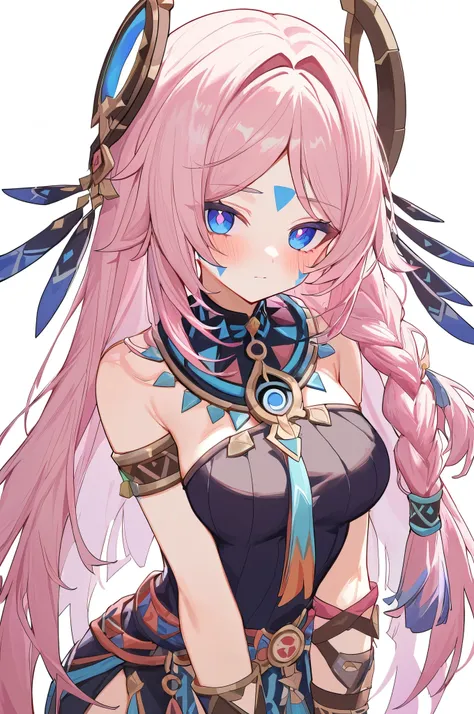 citlali ,シトラリ(genshin impact), 1girl,cowboy shot,pink hair, parted bangs, very long hair, hair down, braids, hair ornament, faci...