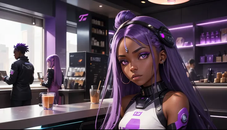 futuristic girl, dark skin, purple colored eyes, space, purple hair, blue hair, pink hair, long hair, dark skin, futuristic coffee shop