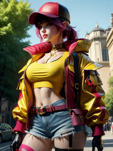 (High quality), (masterpiece), (detailed), 8K, A captivating hyper-realistic portrait of a stylish woman with an hourglass figure, dressed in a unique fantasy ensemble. She wears a bright red cap, a yellow cropped jacket, and a pink top, creating a vibrant...