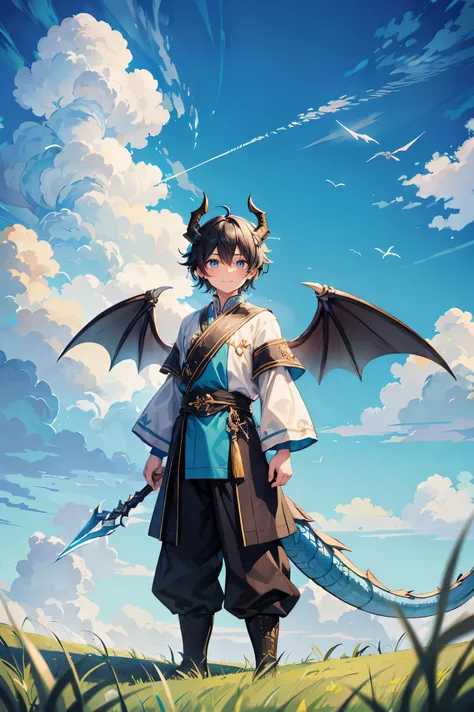 masterpiece, intricate details, 1(adult man),(fullbody view),(black hair, scruffy hair, short hair, blue eyes, vertical pupils, hushing, signalling to be quiet ), (cyan horns, cyan dragon wings, cyan dragon tail, cyan scales:1.2)(quite smile, slight smile,...