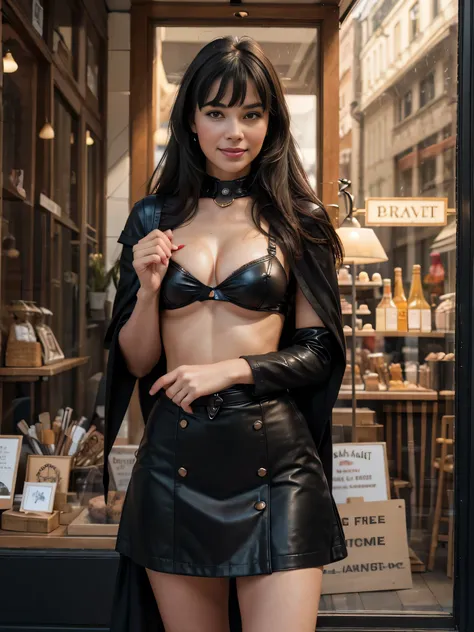 solo lovely smiling Bettie Page, strong daylight, sun shining, wintertime, very cold, raining,in front of boutique, (highest quality texture), boutique store front, display windows full of interesting items, film quality, ancient medieval very long black l...