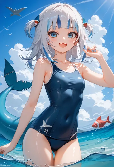 score_9, score_8_up, score_7_up,source_anime, high res image,masterpiece,best quality,girl,cute face,clear skin,shiny hair,ultra detailed eyes,1girl, swimsuit, tail, virtual youtuber, shark tail, school swimsuit, sharp teeth, fish tail, teeth, solo, breast...