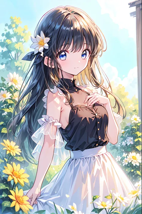 ((Highest quality)), ((masterpiece)), (detailed), , Black Hair,(Childish face), (Long Hair), Girl,  Breasts, topless, ((Blue eyes)),half-smile ,Sunlight, (close_up) , Thea Shirt, (arched back) , riverbank, flower garden,(See-through shirt),Thea Shirt,