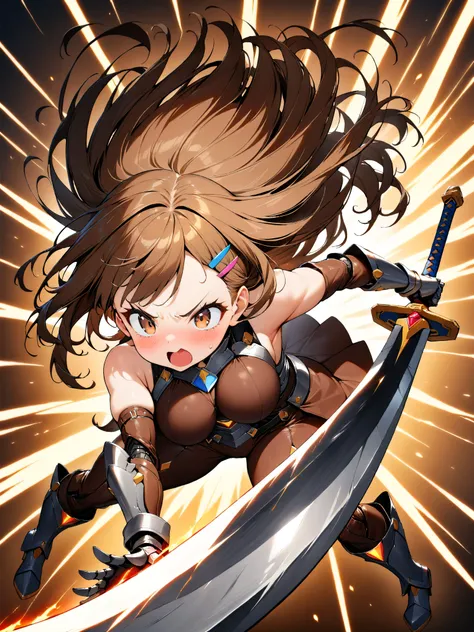 1girl,  (medium hair), (shoulder length hair:1.2), wavy brown hair, colorful hairpins, (bright expressive brown eyes), slight blush, petite body, (shortstack), (big breasts:0.4), natural round breasts, mechanical big sword, swinging, intense movement, (dyn...