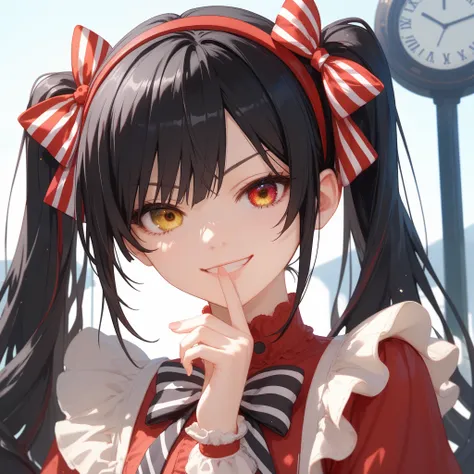 score_9, score_8_up, score_7_up, 1girl, hair in own mouth, close-up,tokizaki kurumi, clock eyes, red eye, yellow eye, heterochro...