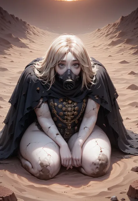 A woman, smooth skin, white skin, big eyes, small torso, huge ass, Wide hips, fleshy legs, thick thighs , (The best quality), masterpiece, horror, ghost, tall, lost look, depressed, (She is wearing an old leather cloak that covers her entire body along wit...