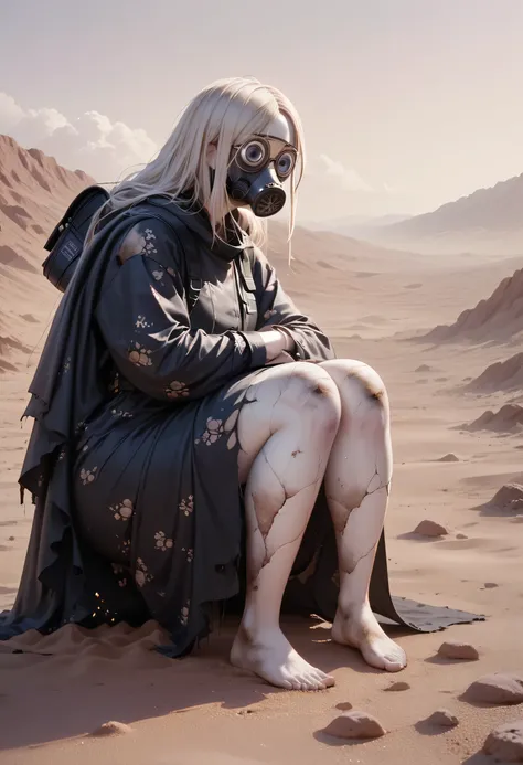 A woman, smooth skin, white skin, big eyes, small torso, huge ass, Wide hips, fleshy legs, thick thighs , (The best quality), masterpiece, horror, ghost, tall, lost look, depressed, (She is wearing an old leather cloak that covers her entire body along wit...