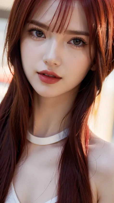 A close-up of a person with long hair and a white collar, erza scarlet, erza scarlet do anime naruto, as an Anime character, perfect anime face, she has red hair with bangs, female Anime character, Anime character, best anime girl, hime cut hairstyle, big ...