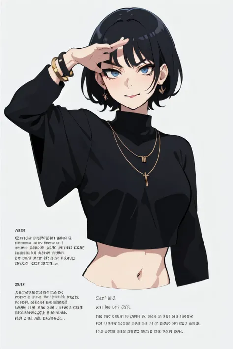 Goth girl, black short hair, g-cup, a lot of bracelets, necklaces, cropped long sleeve, baggy pants, gothic make-up, She is sassy, boastful, confident, sarcastic, striking pose, selfie, manga line art, manga art style, manga panel, sfw