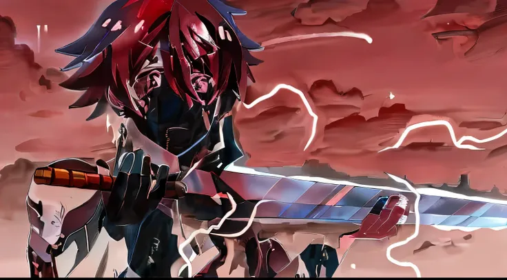 guy with red hair, anime guy with a sword in his hand and a blue sky in the background, okata kazuto, epic anime style, anime wallaper, 2 d anime style, 2 d anime, high quality anime art style