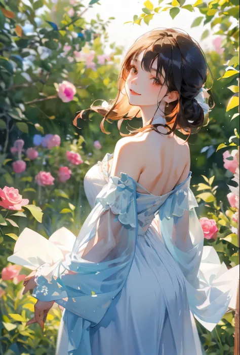 8K,​ masterpiece , top-quality , From below , Cowboy Shot , Dynamic Pose , Floral , (watercolor sketch ), A charming girl with medium-length, silky hair, standing on a rose-lined path , looking back at the viewer with a serene and thoughtful gaze, white of...