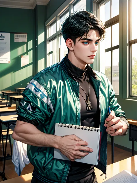 a handsome young man, black hair, I want to, short hair, blue eyes, ombros largos, masterpiece, Absurd, beautiful and detailed face,  with dark green Adidas jacket , Sunny day atmosphere , in a classroom, looking at the table,   notebook with a bored expre...