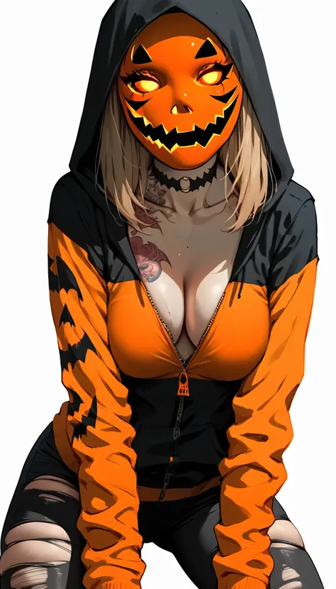 (nsfw, ripped orange yoga pants doggy style sex:1.3), seductive pumpkin goddess slut, jack o lantern mask, (tits out, open zip-u...