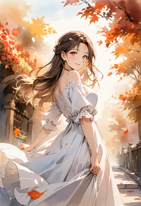 8K, masterpiece , top-quality , From below , Cowboy Shot , Dynamic Pose , Floral , (watercolor sketch ), A charming girl with medium-length, silky hair, standing on a rose-lined path , looking back at the viewer with a serene and thoughtful gaze, white of...
