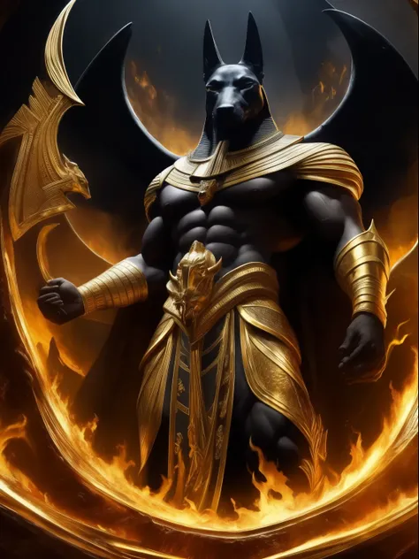 (high quality), photorealistic, (oil painting)
jewelry, (solo),
(dynamic pose), towards right, ((hell gate)), fire, hell landscape, (the underworld), (dark landscape),
anubis, egyptian jackal headed god, anthro, muscular, (holding golden scales), dynamic p...