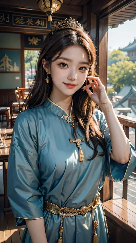 best quality, masterpiece, brown hair, gold eyes, Blue clothes, , upper body,Fair skin, long wavy hair  Chinese wooden architecture behind, sunlight falling on her , closed mouth, smiling, drunk blush, looking at viewer , cute poses , queen 👑, Korean thron...