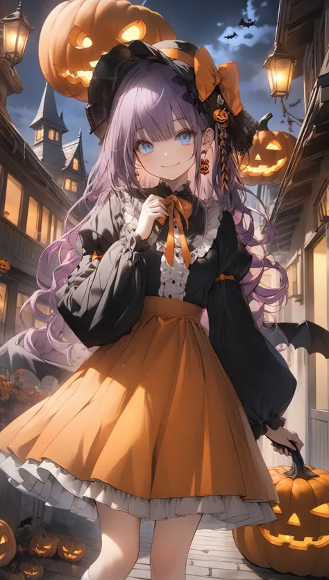 1girl, solo, long hair, looking at viewer, smile, blue eyes, hair ornament, hat, bow, closed mouth, standing, white shirt, full body, purple hair, outdoors, food, shoes, socks, puffy sleeves, wide sleeves, black footwear, black dress, black headwear, night...