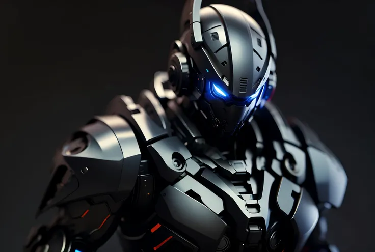 Futuristic black ninja, natural gray background, screen space reflection