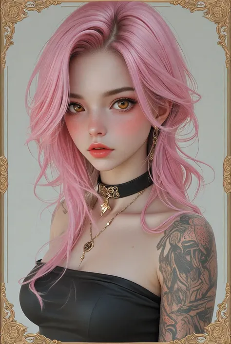 (best quality, highres), portrait, upper body, young cool type girl, long hair, swept-side bangs, [[[pink hair]]], orange eyes, small pointy breasts, plain wall, ultra detailed cg, hyperrealistic and photorealistic style, detailed skin texture and coloring...