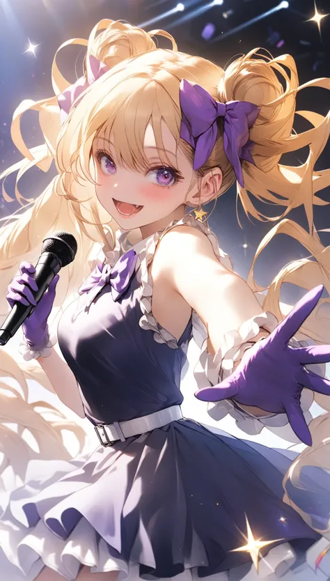 1girl, solo, long hair, looking at viewer, blush, smile, open mouth, blonde hair, twintails, medium breasts, standing, purple eyes, :d, hair bow, frills, bowtie, hair bun, star (symbol), hands up, sleeveless dress, sparkle, double bun, frilled dress, purpl...