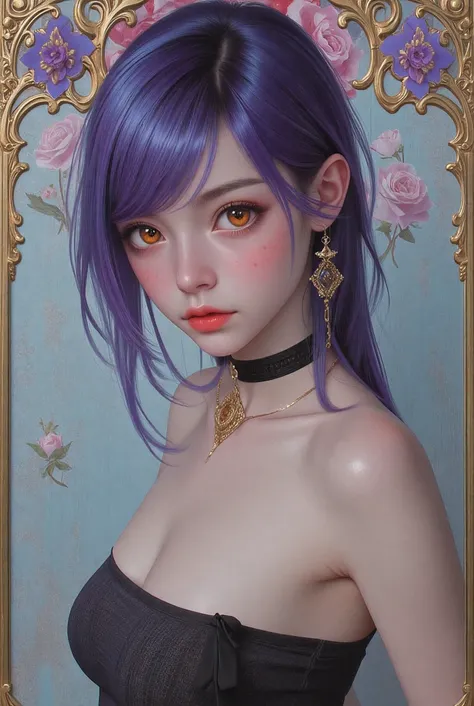 (best quality, highres), portrait, upper body, young cool type girl, long hair, swept-side bangs, bright neon purple hair, orange eyes, small pointy breasts, plain wall, ultra detailed cg, hyperrealistic and photorealistic style, detailed skin texture and ...