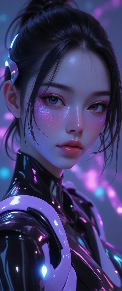 80’s glam rock makeup on shiny android face, anime, 2.5D, Glittery face, moody lighting, (purples, pinks, and blues), iridescent face, abstract ai model, pretty, sexy, minimal, sleek, slender, asian, elegant, chic, futuristic, retro, sophisticated half hum...