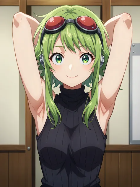 score_9, score_8_up, score_7_up, source_anime, anime screencap, indoors, gumi, green eyes, green hair, medium hair, sidelocks, g...