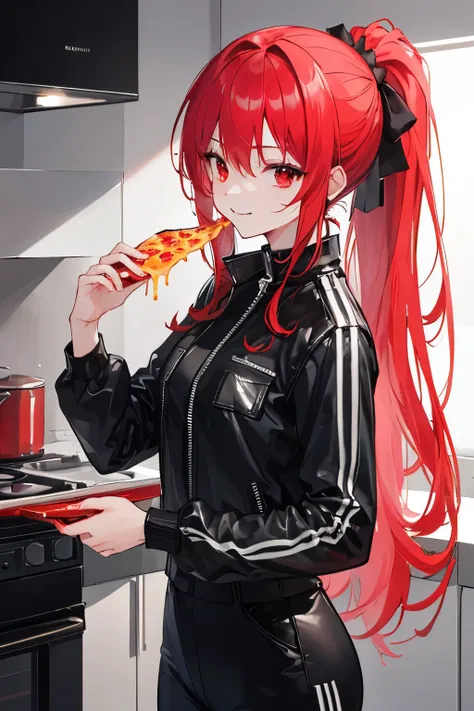 (masterpiece), (best quality), (High quality), (perfect anatomy), (score_9,score_8_up,score_7_up),
 one girl, kitchen, eats pizza, upper body

BREAK

((very tall high)), ((190 cm height)), (very long hair, red hair, ponytail), ((red eyes)), agressive eyes,...