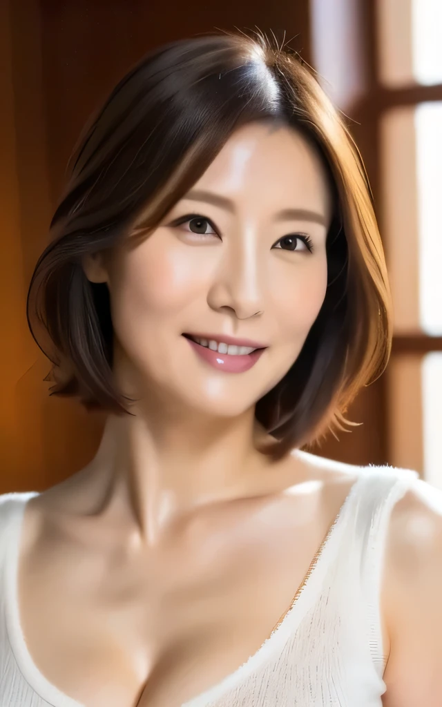 8k, Best Quality, masterpiece, Realistic, Realistic, Very detailed, Natural Light,  large well-balanced breasts , Her cleavage is visible, 1. Japanese women, 45 years old, Black Hair, short hair,  STRAIGHT HAIR, (Looking up at the viewer from below), Pale ...