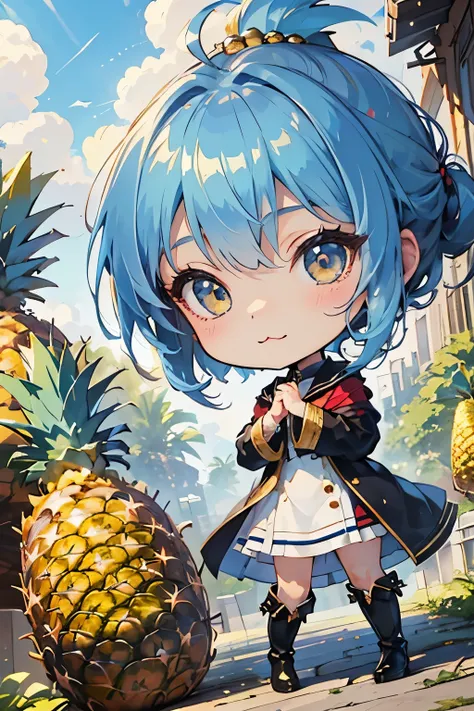 (masterpiece:1.2),(fresh pineapple:1.3)、(chibi body、light blue hair color, short chignon hair、highly detailed eyes、golden eyes、:...