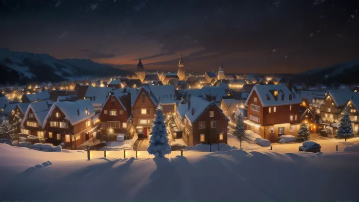 (extremely detailed CG unity 8k wallpaper), full shot photo of a close up of a small town with a lot of lights on it, nightime village background, (((snowy winter christmas night))), (((christmas night))), town background, realistic photo of a town, winter...