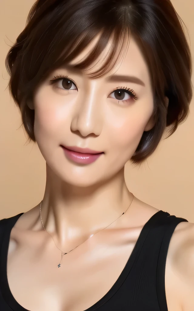 # beautiful mature woman,(( cowboy shot)),
Beautiful Face,double eyelid,
Big Breasts,Black Tank Top,
Pixie Cut,
Exquisite Necklace,