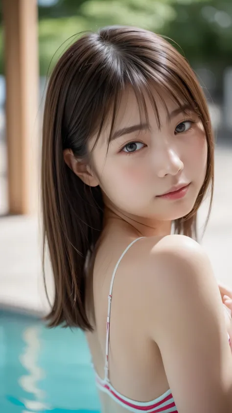 （8k、 live action 、RAW Photos、Best Quality、masterpiece：1.2),(summer, do,Front lighting:1.2),(( perfect lighting )),(濡れたhair),Watch the audience,(Sexy pose:1.4), strong,( Erotic),18 years old,student,White skin,Knee,Small Face,前hairを真ん中から分けます、The forehead is...