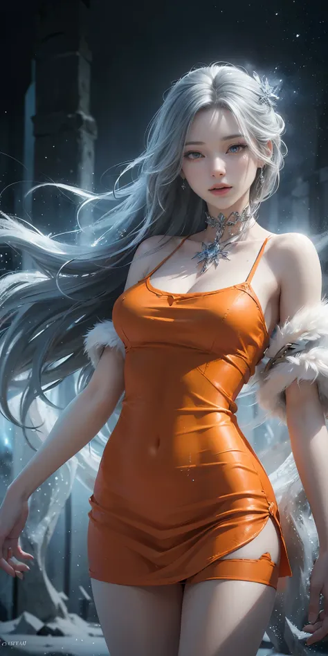 ((masterpiece, ultra-high resolution, cinematic quality:1.4)), depicting a beautiful ice goddess with a joyful expression, her face radiant and full of life. She has very long, flowing hair and realistic eyes that reflect the chilling mist around her (high...