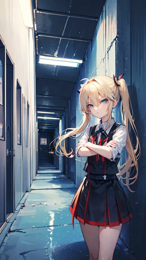 ((Tokido Saya)), ((Shiny blue eyes)), (Blonde hair), ((Two side up hairstyle)), ((Little Busters)), ((Black uniform)), (Shoot) (Gatling gun), (Shoot), (((Underground hallway background)))