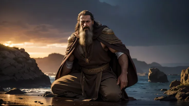 A 40-year-old bearded apostle from the 1st century AD, ancient brown clothing, worn brown robes, full-body epic pose, angry expression, epic scene, ancient Greece island coast, (best quality, 4k, 8k, high resolution, masterpiece: 1.2), ultra detailed, (rea...