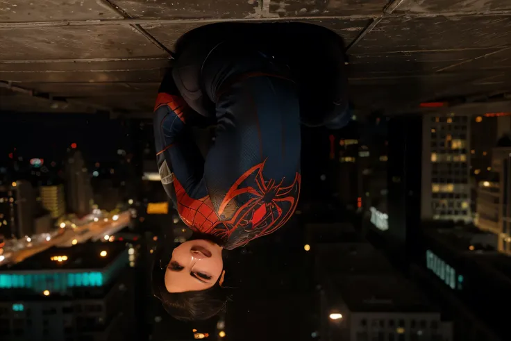 (Best quality, 8k, 32k, Masterpiece, UHD:1.2) ((jumping)) ((upside-down)) ((jump)) "Transform the scene into an action-packed view of Spider-Man in mid-leap, swinging through the iconic skyscrapers of New York City. He is captured in a dynamic pose, his bo...