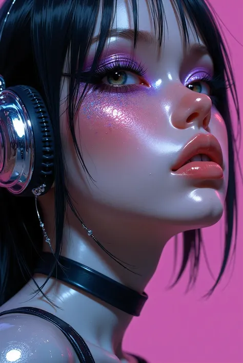 80’s glam rock makeup on shiny android face, anime, 2.5D, Glittery face, moody lighting, (purples, pinks, and blues), iridescent face, abstract ai model, pretty, sexy, minimal, sleek, slender, asian, elegant, chic, futuristic, retro, sophisticated half hum...