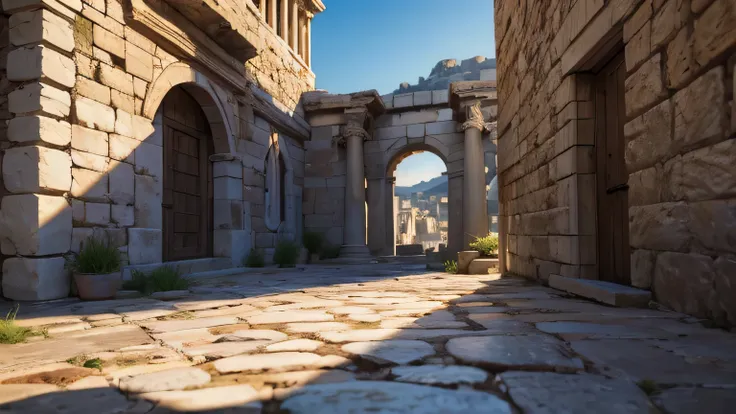 ancient greek island, 1st century ancient marketplace, stone architecture, cobblestone streets, weathered stone, ancient columns, crumbling walls, ancient pottery and goods, sunlit landscape, natural lighting, muted earthy tones, (best quality,4k,8k,highre...