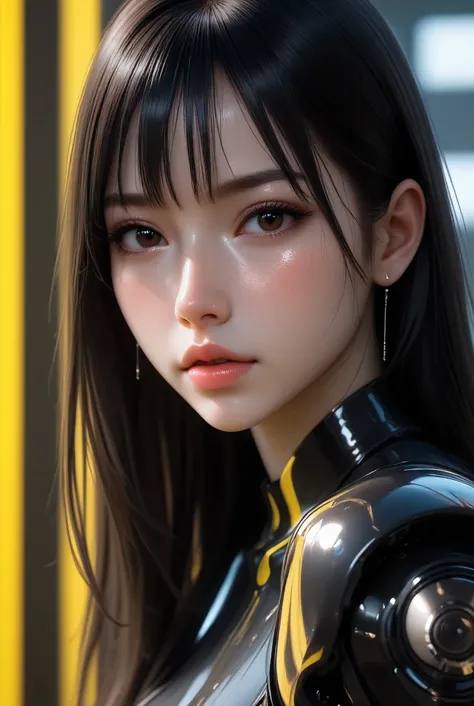 80’s glam rock makeup on shiny android face, anime, 2.5D, Glittery face, moody lighting, (yellow and black palette), iridescent face, abstract ai model, pretty, sexy, minimal, sleek, slender, asian, elegant, chic, futuristic, retro, sophisticated half huma...