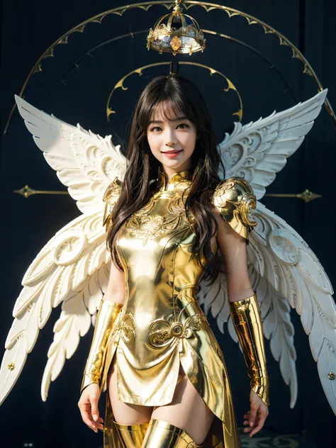 Cyborg, Girl, Beautiful girl, Cute, Sexy, Strong, Slender, Delicate, Smile, (Lolita costume), High legs, Metallic, ultra color, paisley, mandalas, Near future, Heaven, angel, feater, wing, Helix lamp, (The wings are symmetrically paired;1.5),
