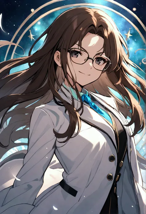 teenage girl, 23 years old, hair tidy, long hair, dark brown hair, black eyes, wearing glasses, serious face, Happy smile, super stylish scientist clothing ,  very detailed and stylish white coat, 