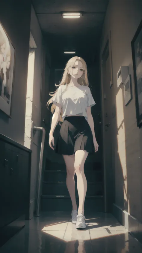 ((best quality)), ((masterpiece)), (detailed), blonde long hair woman, white t-shir, black skirt, walking on stairs in modern building inside, white shoes