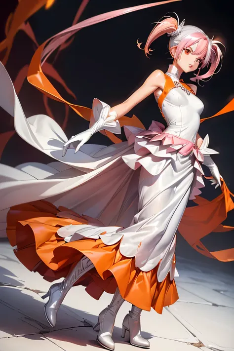 Best Quality,Highest Resolution,(((Shiny Orange Clothes 　One-piece dress　Long skirt　Silver Boots　White opera gloves　Pink Hair)))  Metal Max 2 Reloaded　Long twin tails　Red Eye　slender　18 years old　cute