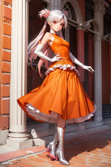 Best Quality,Highest Resolution,(((Orange clothes　One-piece dress　Long skirt　Silver Boots　White opera gloves　Pink Hair)))  Metal Max 2 Reloaded　Long twin tails　Red Eye　slender　18 years old　cute