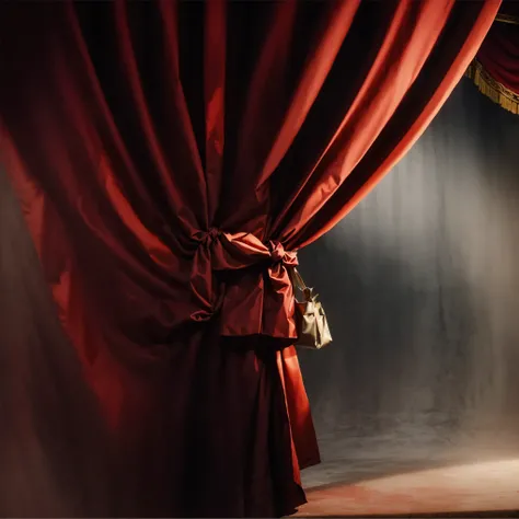 there is a man standing in front of a curtain holding a bag, behind red curtains, red curtain, theater curtains are red, background made of big curtains, curtain, red curtains, against a red curtain, by Anna Füssli, drapes, theatrical scenery, curtains, in...